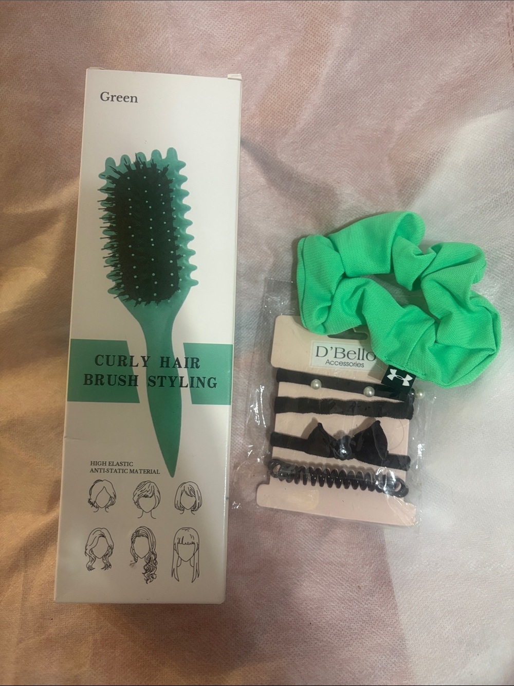 Curly Hair Brush Styling, Green Hair Scrunchie & Styling Clip Set